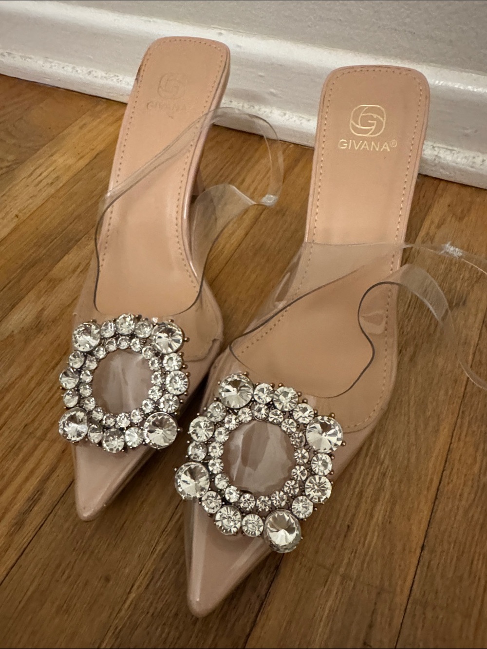 Givana Nude Crystal-Embellished Pointed Toe Mules